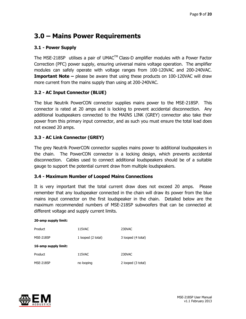 0 – mains power requirements | EM Acoustics MSE-218SP self-powered subwoofer User Manual | Page 9 / 20