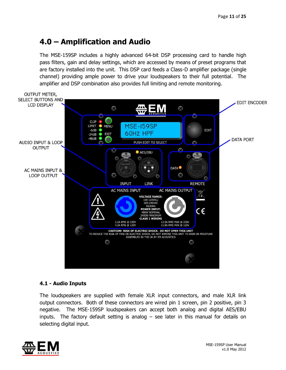 0 – amplification and audio | EM Acoustics MSE-159SP self-powered fullrange loudspeaker User Manual | Page 11 / 25