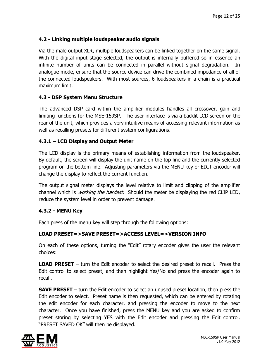 EM Acoustics MSE-159SP self-powered fullrange loudspeaker User Manual | Page 12 / 25