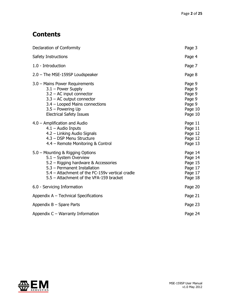 EM Acoustics MSE-159SP self-powered fullrange loudspeaker User Manual | Page 2 / 25