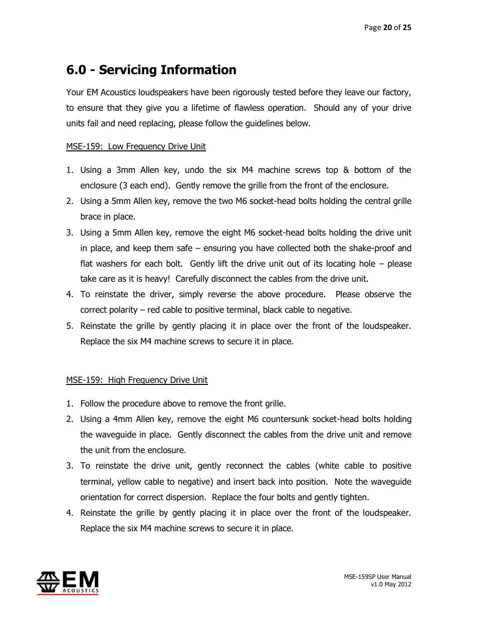 0 - servicing information | EM Acoustics MSE-159SP self-powered fullrange loudspeaker User Manual | Page 20 / 25