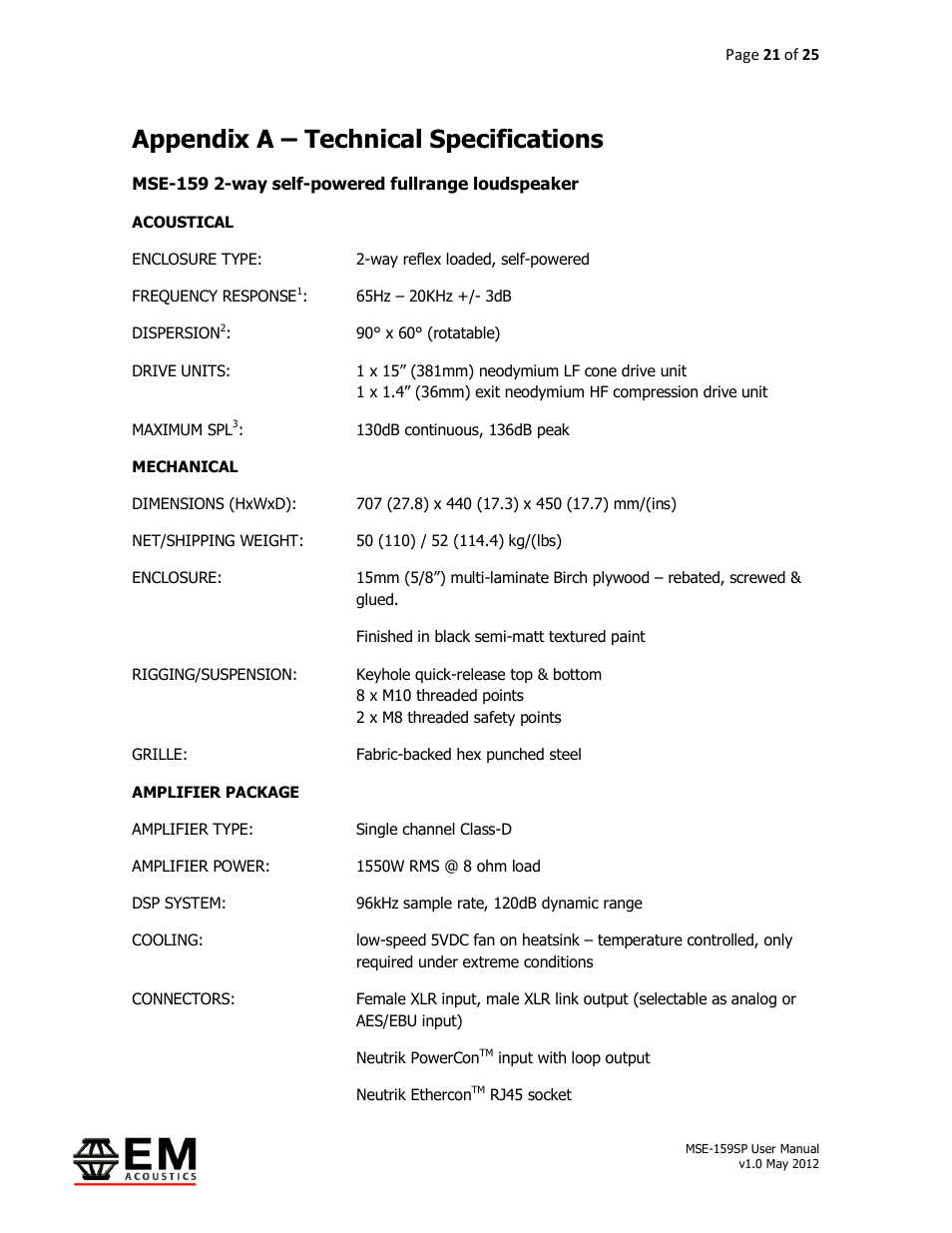 Appendix a – technical specifications | EM Acoustics MSE-159SP self-powered fullrange loudspeaker User Manual | Page 21 / 25