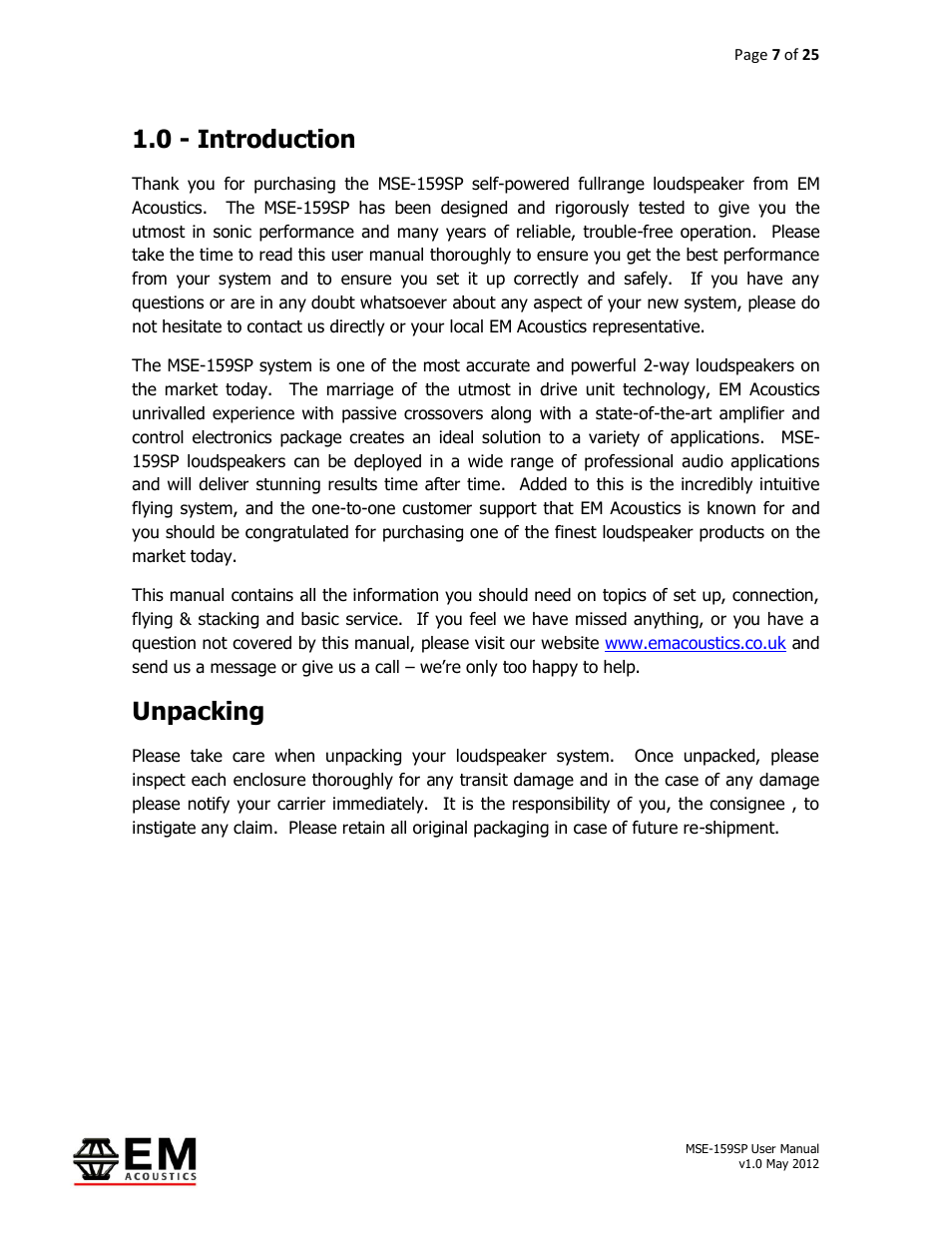 0 - introduction, Unpacking | EM Acoustics MSE-159SP self-powered fullrange loudspeaker User Manual | Page 7 / 25