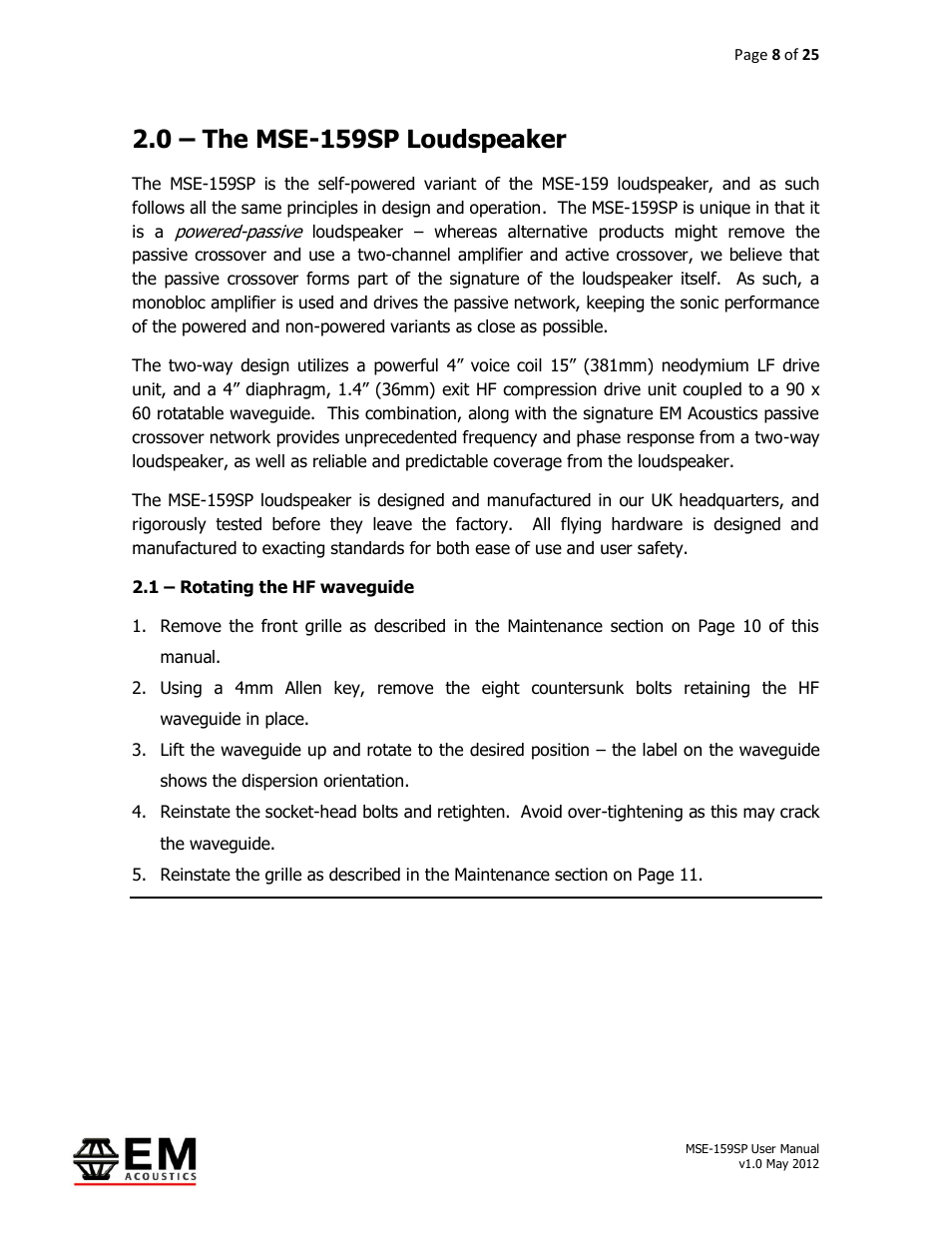 0 – the mse-159sp loudspeaker | EM Acoustics MSE-159SP self-powered fullrange loudspeaker User Manual | Page 8 / 25