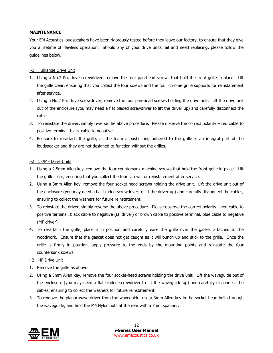 EM Acoustics i-1 ultra-compact satellite loudspeaker User Manual | Page 12 / 19