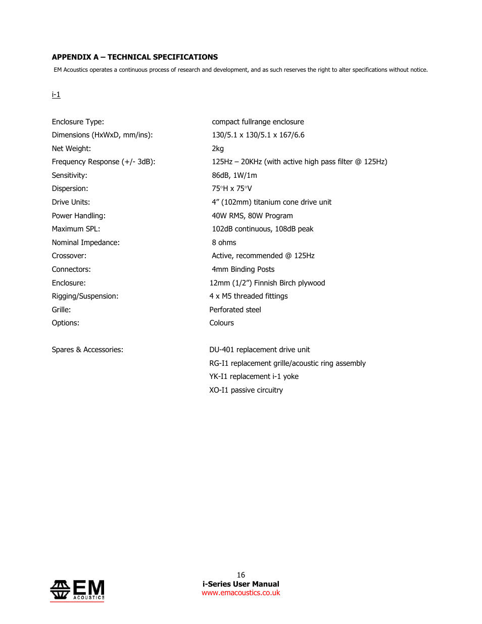 EM Acoustics i-1 ultra-compact satellite loudspeaker User Manual | Page 16 / 19