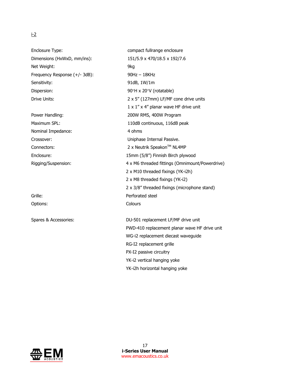 EM Acoustics i-1 ultra-compact satellite loudspeaker User Manual | Page 17 / 19