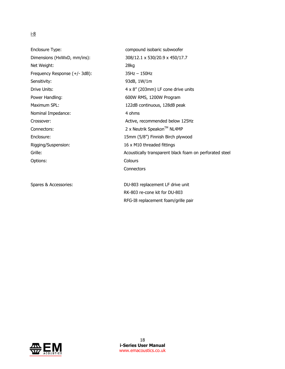 EM Acoustics i-1 ultra-compact satellite loudspeaker User Manual | Page 18 / 19