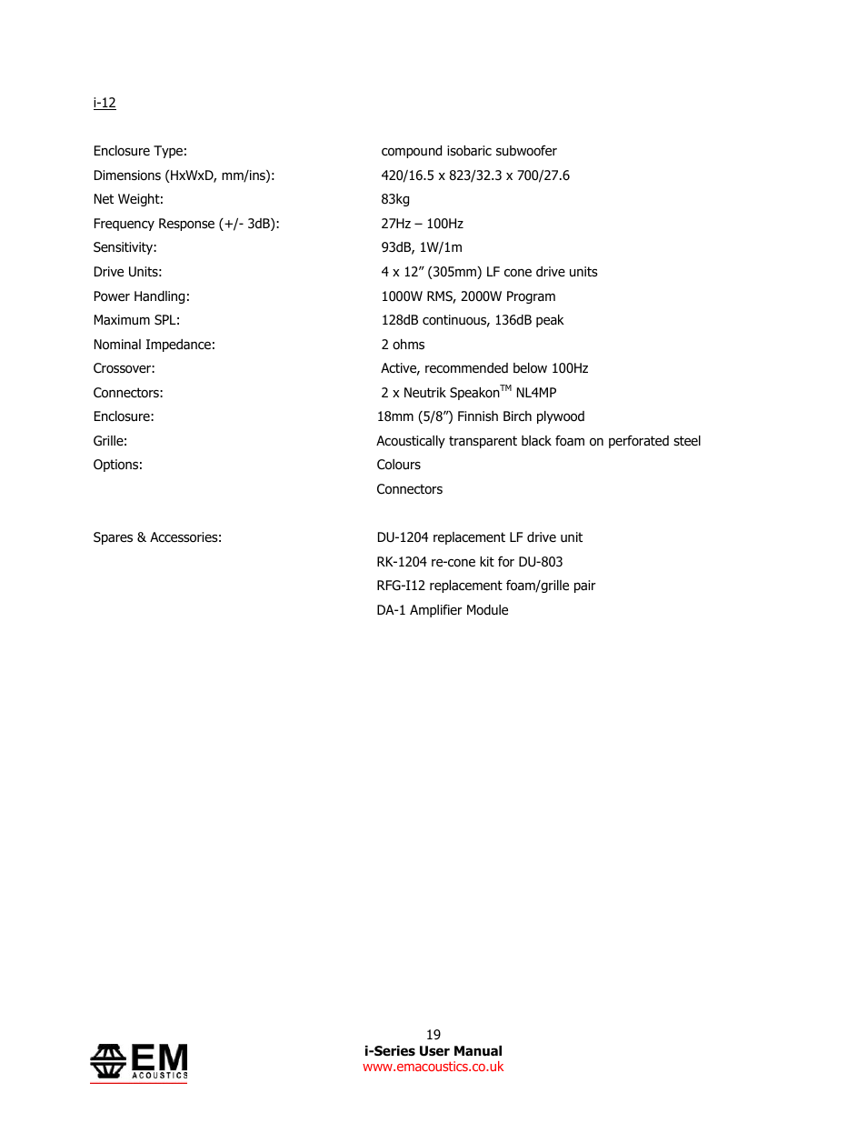 EM Acoustics i-1 ultra-compact satellite loudspeaker User Manual | Page 19 / 19