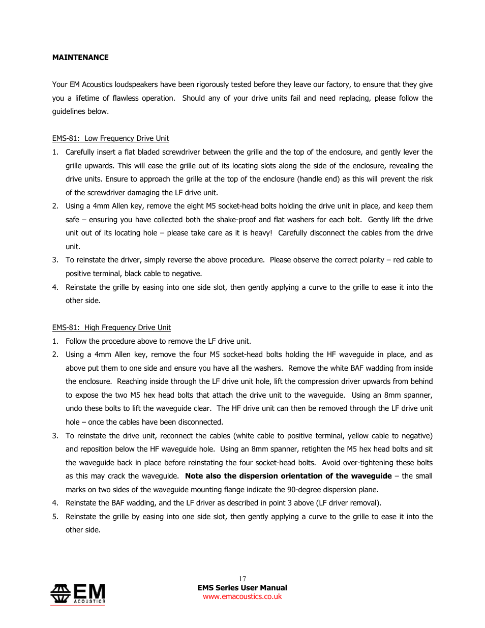 EM Acoustics EMS-81 compact passive loudspeaker User Manual | Page 17 / 25