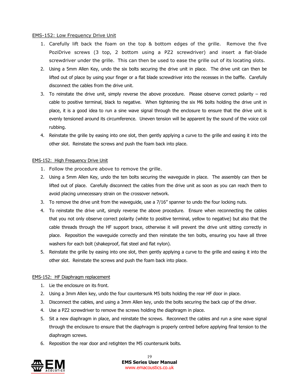 EM Acoustics EMS-81 compact passive loudspeaker User Manual | Page 19 / 25