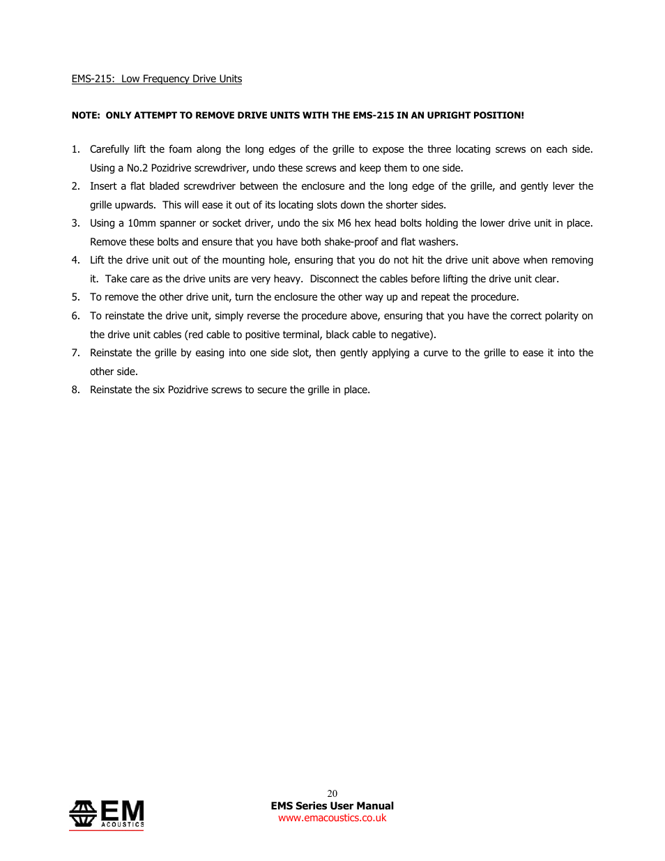 EM Acoustics EMS-81 compact passive loudspeaker User Manual | Page 20 / 25