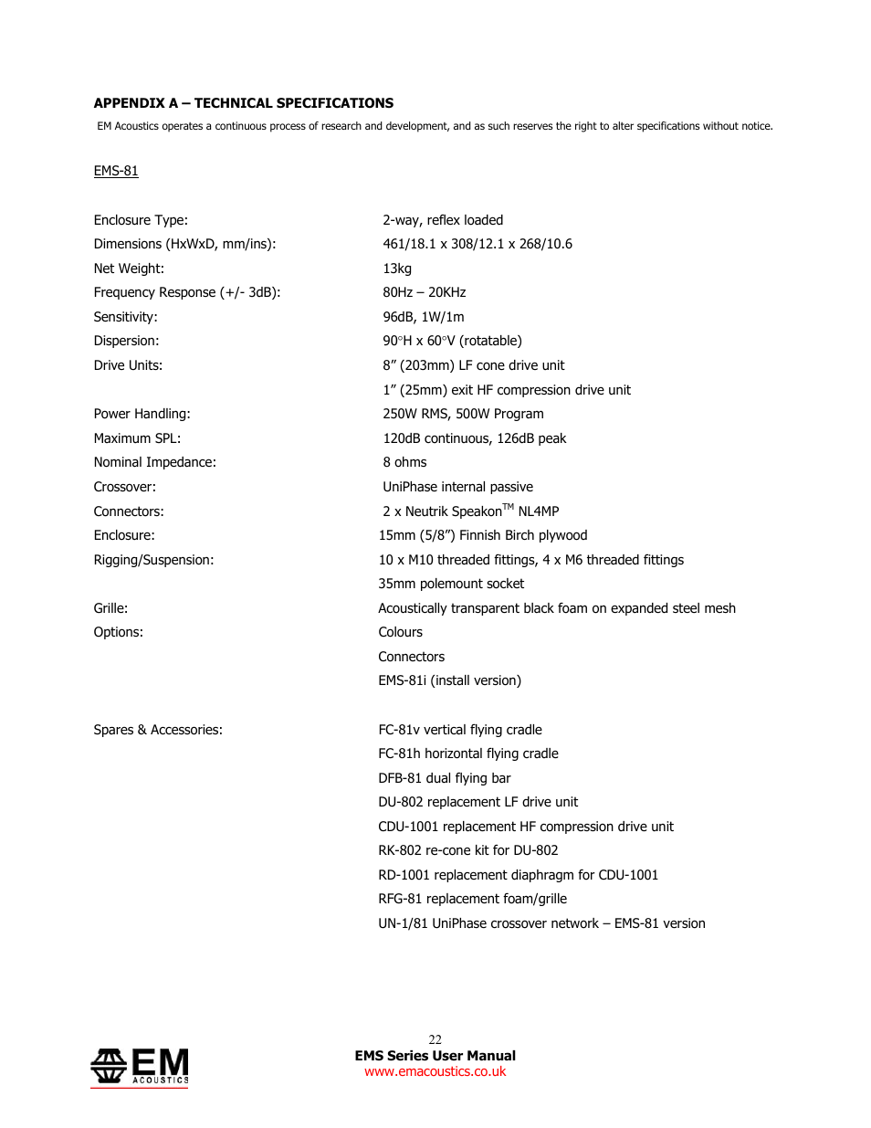 EM Acoustics EMS-81 compact passive loudspeaker User Manual | Page 22 / 25