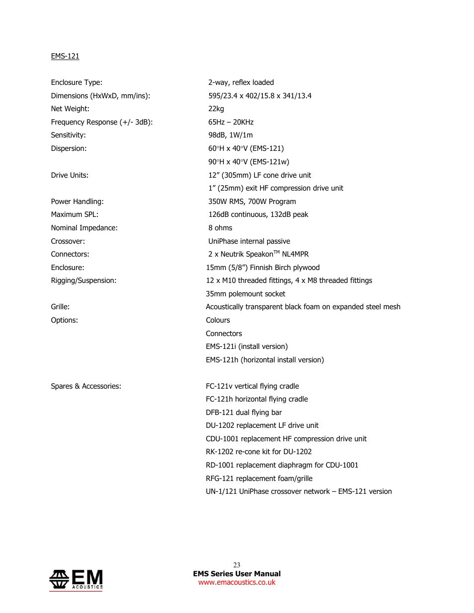 EM Acoustics EMS-81 compact passive loudspeaker User Manual | Page 23 / 25