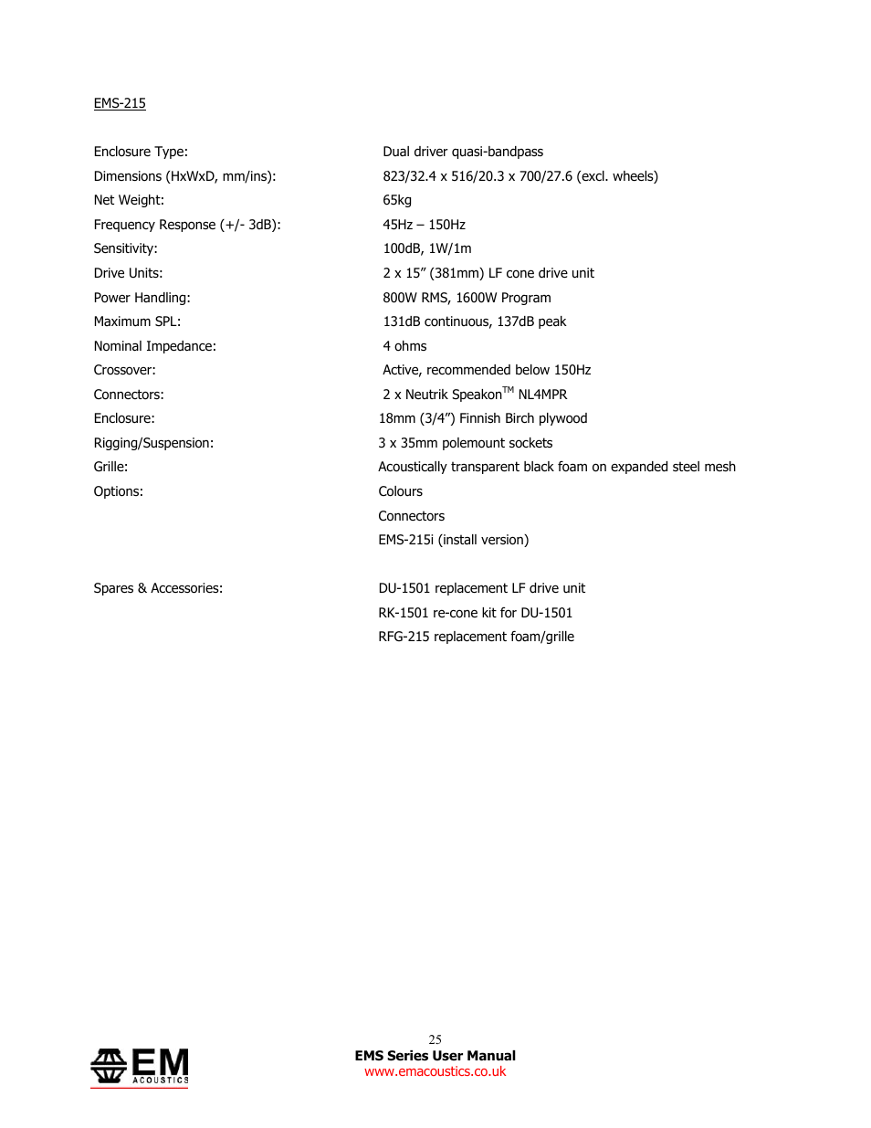 EM Acoustics EMS-81 compact passive loudspeaker User Manual | Page 25 / 25