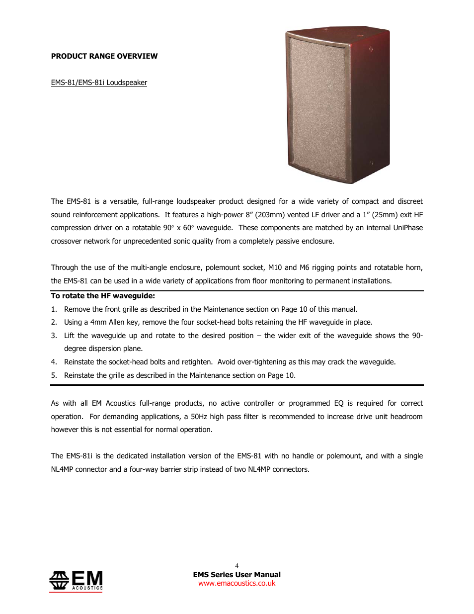 EM Acoustics EMS-81 compact passive loudspeaker User Manual | Page 4 / 25