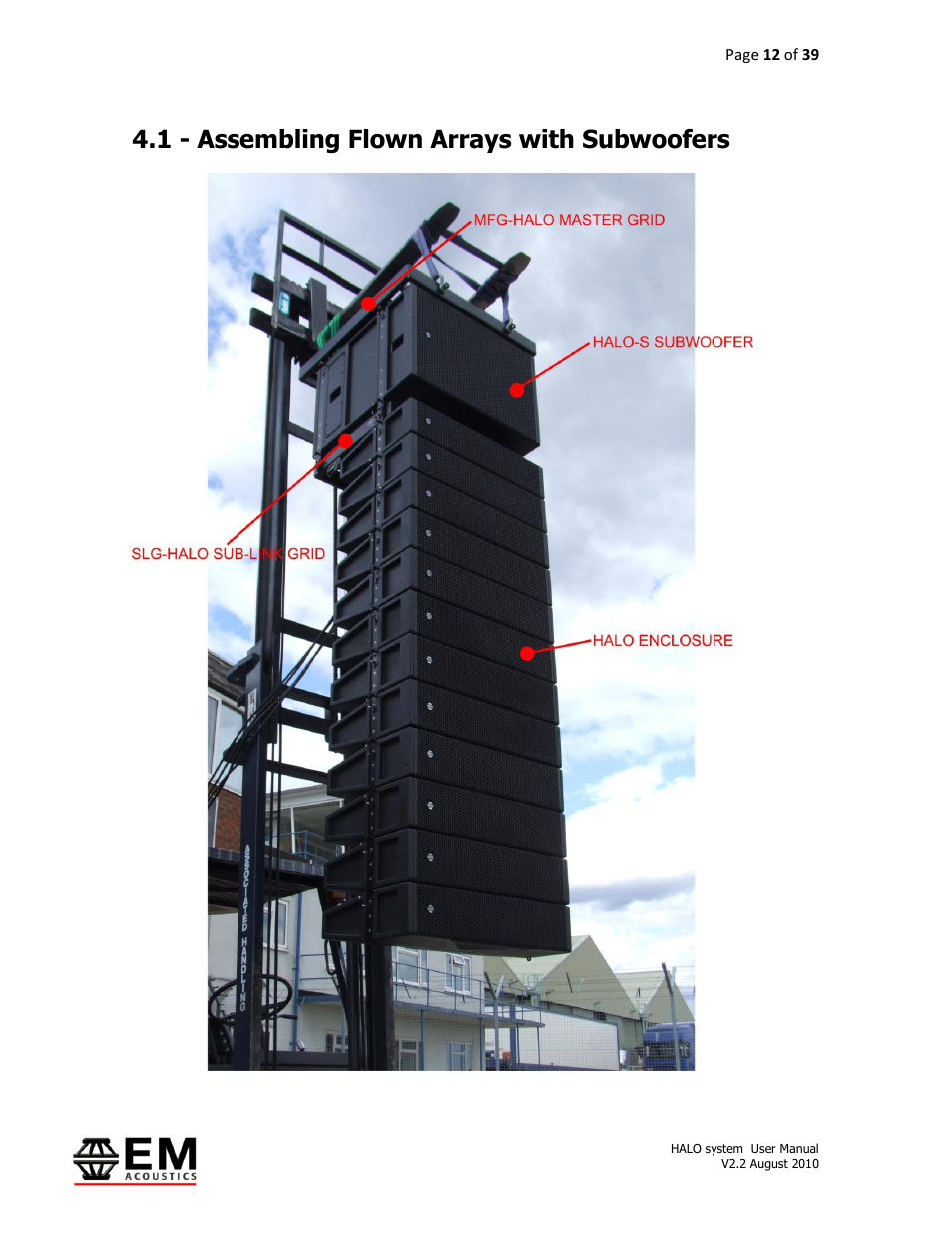 1 - assembling flown arrays with subwoofers | EM Acoustics HALO bi-amplified line array system User Manual | Page 12 / 39