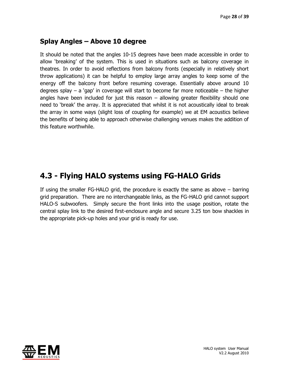 3 - flying halo systems using fg-halo grids, Splay angles – above 10 degree | EM Acoustics HALO bi-amplified line array system User Manual | Page 28 / 39