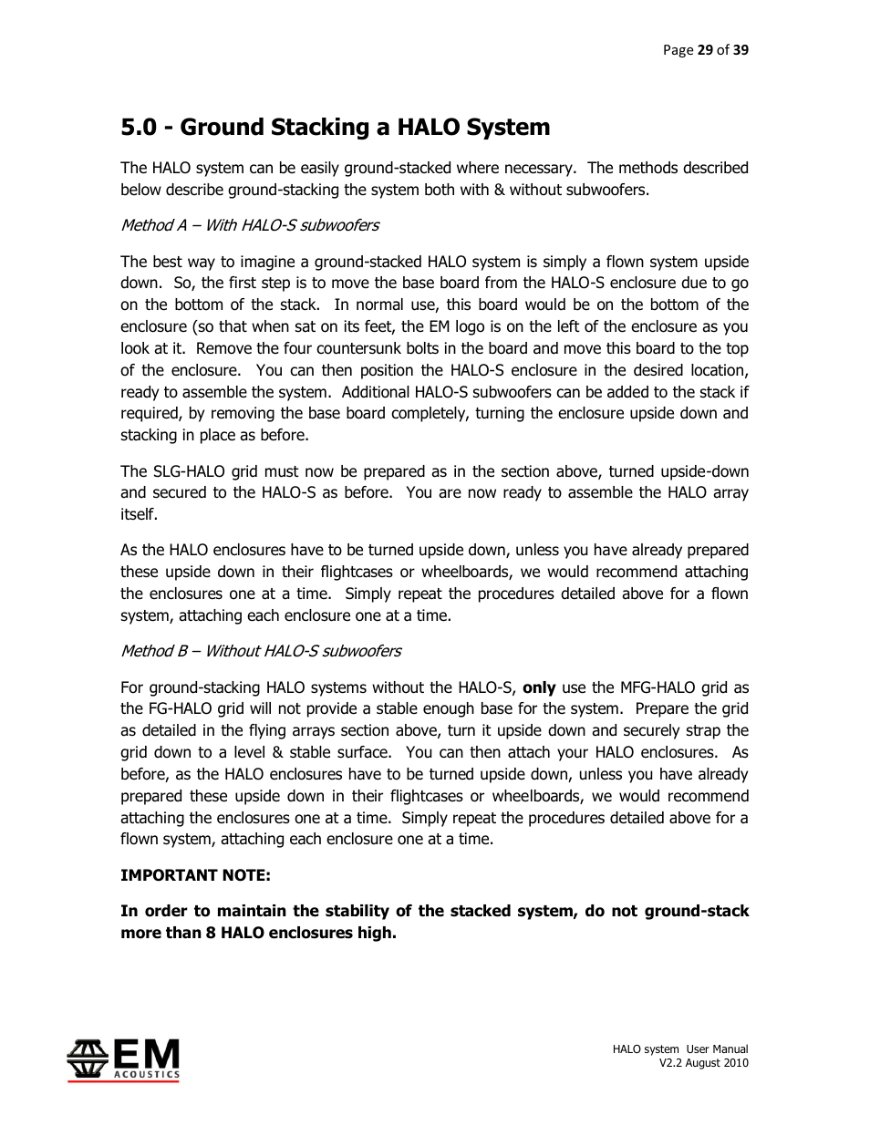 0 - ground stacking a halo system | EM Acoustics HALO bi-amplified line array system User Manual | Page 29 / 39
