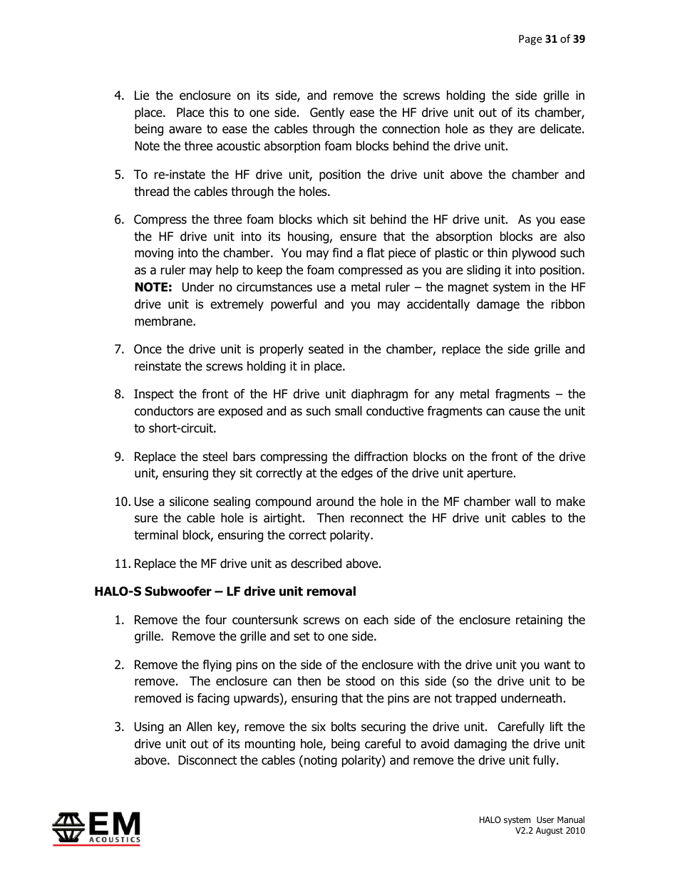 EM Acoustics HALO bi-amplified line array system User Manual | Page 31 / 39