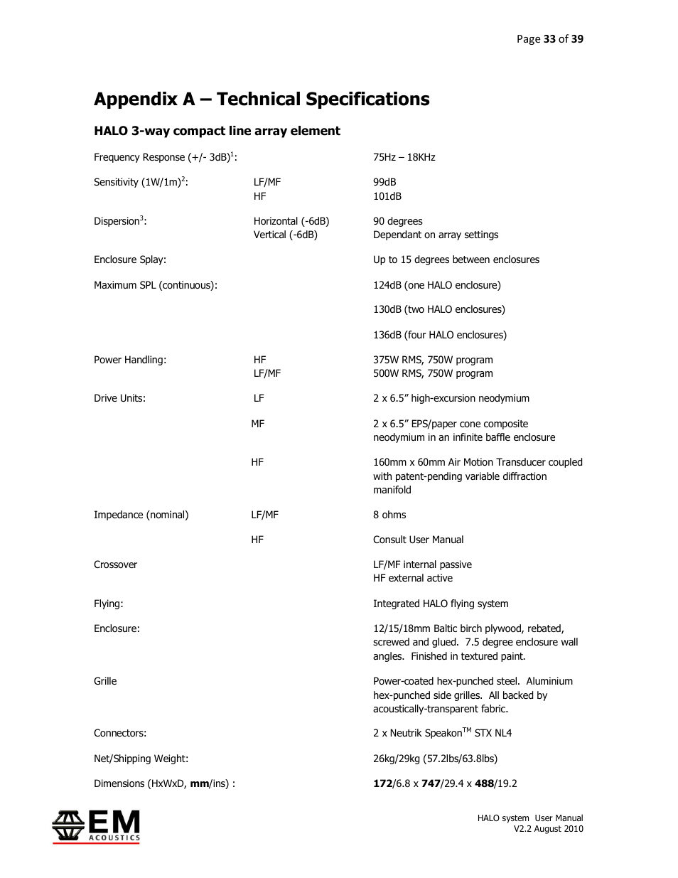 Appendix a – technical specifications | EM Acoustics HALO bi-amplified line array system User Manual | Page 33 / 39