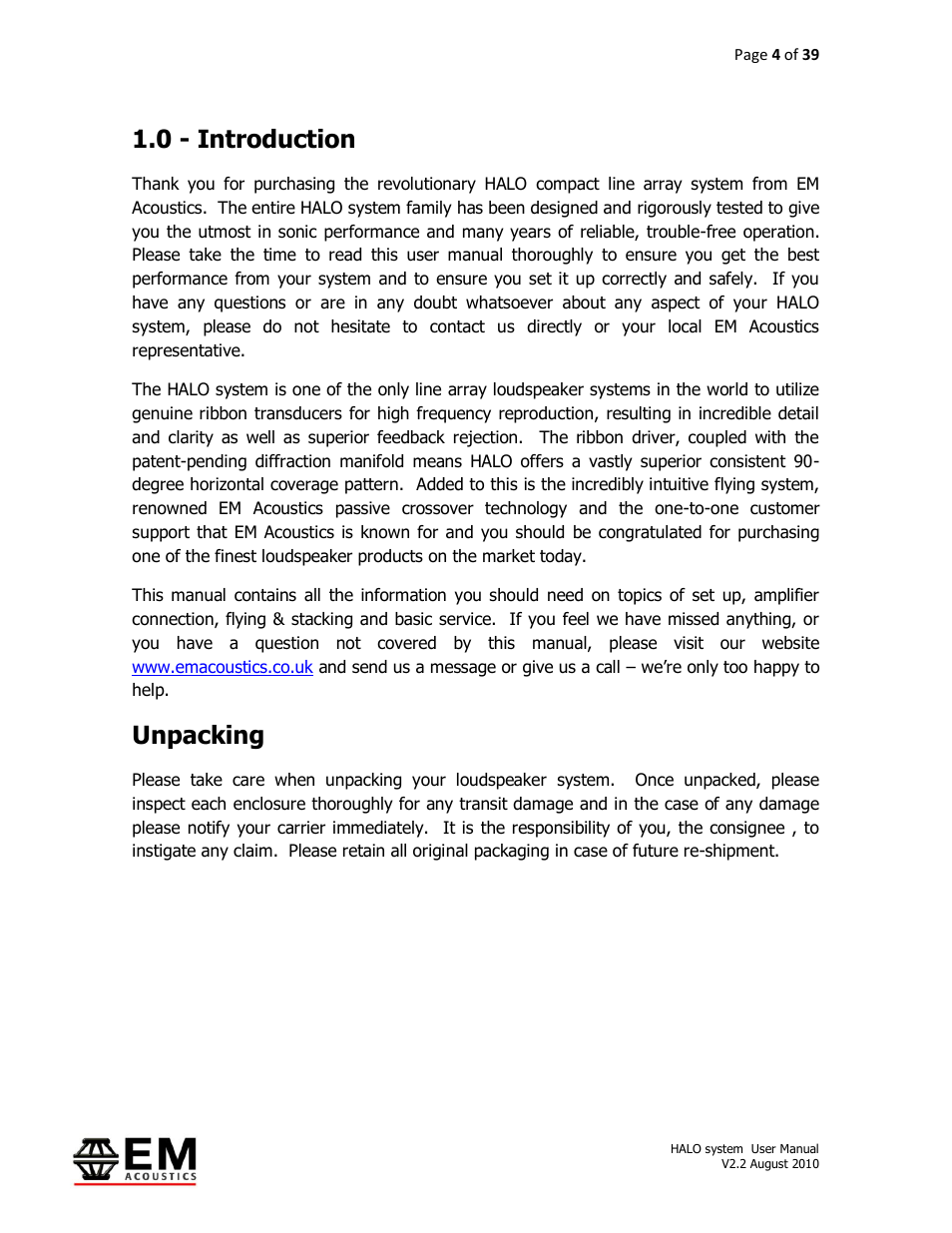 0 - introduction, Unpacking | EM Acoustics HALO bi-amplified line array system User Manual | Page 4 / 39