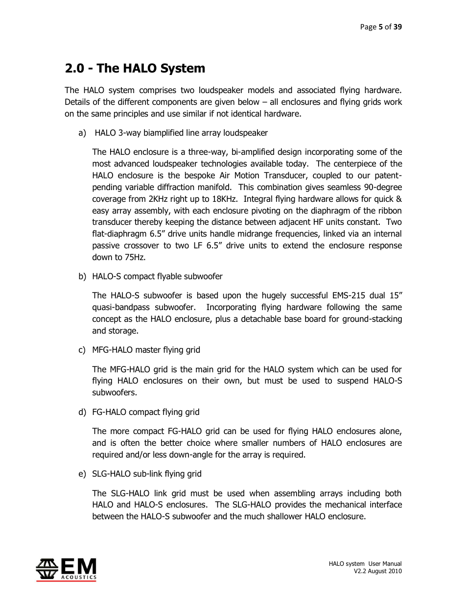 0 - the halo system | EM Acoustics HALO bi-amplified line array system User Manual | Page 5 / 39
