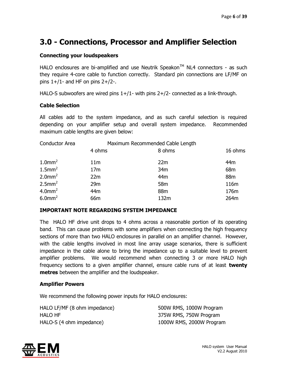 0 - connections, processor and amplifier selection | EM Acoustics HALO bi-amplified line array system User Manual | Page 6 / 39