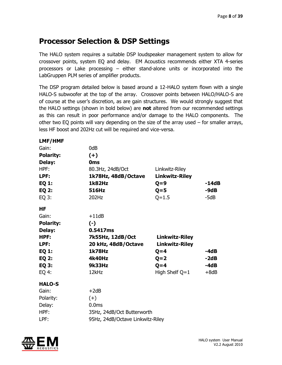 Processor selection & dsp settings | EM Acoustics HALO bi-amplified line array system User Manual | Page 8 / 39
