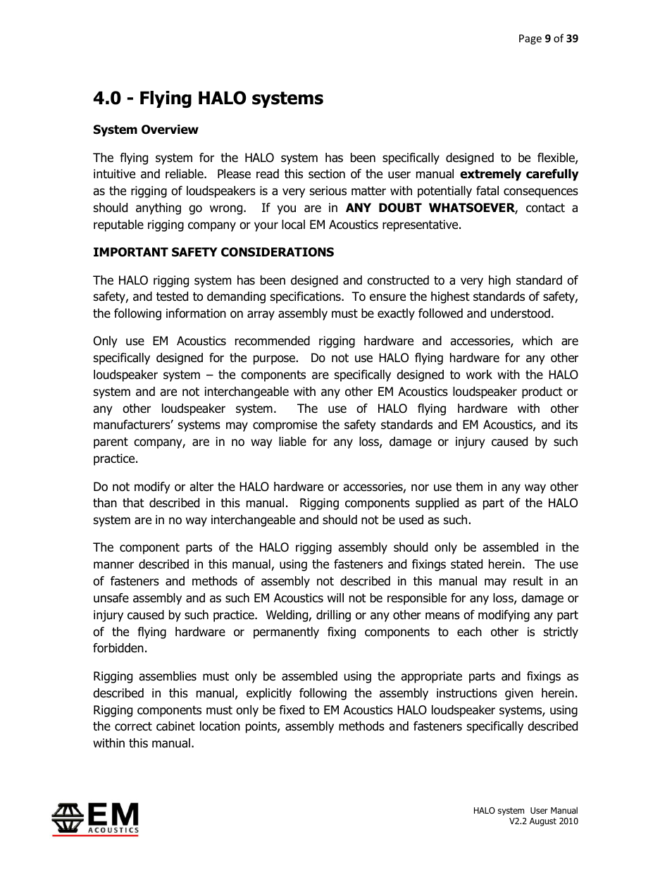 0 - flying halo systems | EM Acoustics HALO bi-amplified line array system User Manual | Page 9 / 39