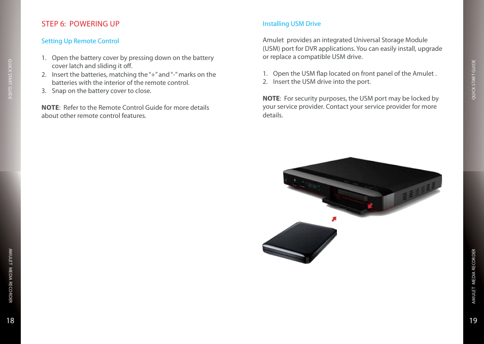 Powering up, Setting up remote control, Installing/uninstalling usm drive | Entone Amulet 500 User Manual | Page 11 / 15