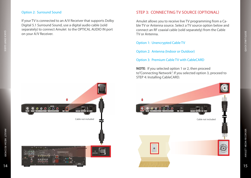 Surround sound, Connecting tv source, Cable or antenna | Step 3: connecting tv source (optional) | Entone Amulet 500 User Manual | Page 9 / 15