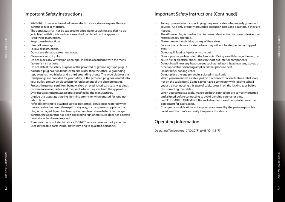 Overview, Safety instructions, 32 important safety instructions | Important safety instructions (continued), Operating information | Entone Aria 5 User Manual | Page 3 / 11