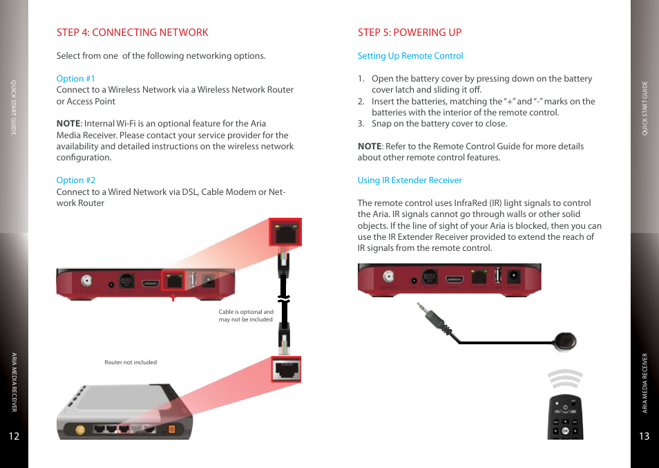 Connecting network, Ethernet, Powering up | Setting up remote control, Using ir extender receiver, 12 ethernet, Step 5: powering up | Entone Aria 5 User Manual | Page 8 / 11