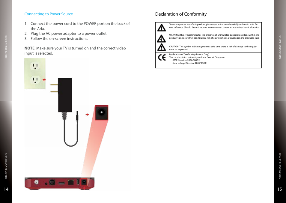 Connecting to power source, Declaration of conformity | Entone Aria 5 User Manual | Page 9 / 11