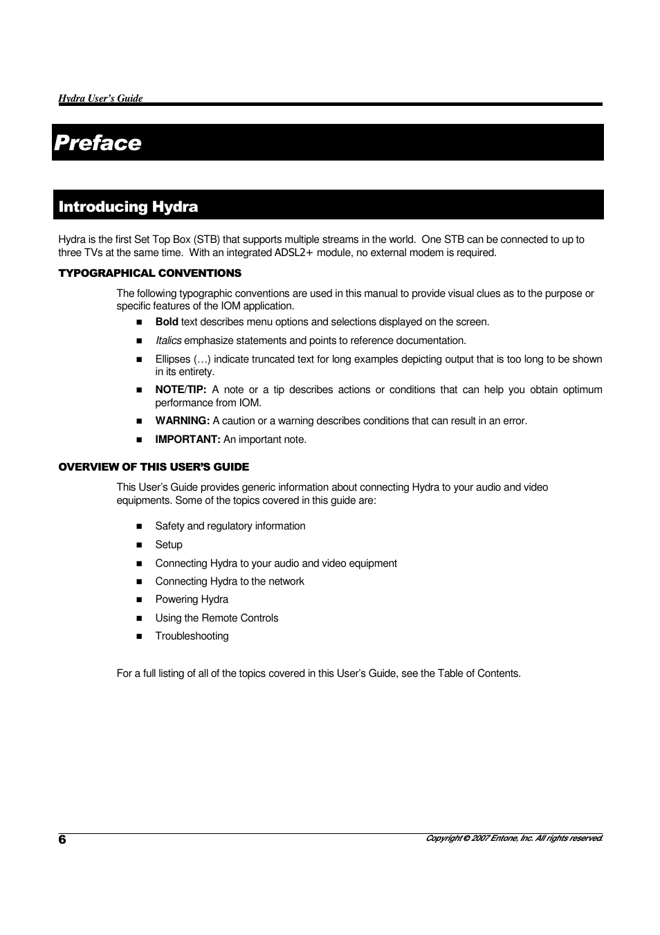 Preface, Introducing hydra | Entone Hydra II User Manual | Page 8 / 44