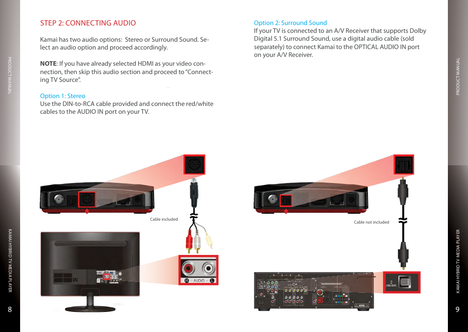Connecting audio, Stereo, Surround sound | 8 stereo, 98 step 2: connecting audio | Entone Kamai 500 User Guide User Manual | Page 6 / 9