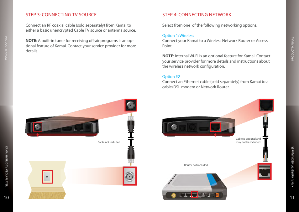 Connecting tv source, Cable or antenna, Connecting network | Wireless or wired, Step 4: connecting network | Entone Kamai 500 User Guide User Manual | Page 7 / 9