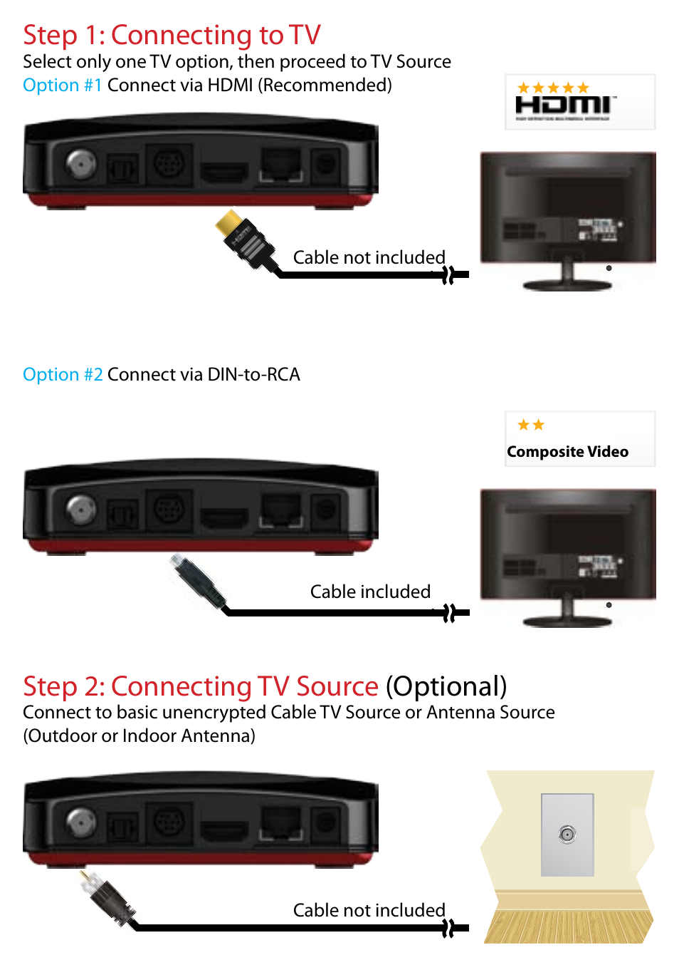 Step 2: connecting tv source (optional), Step 1: connecting to tv | Entone Kamai 500 Quick Start User Manual | Page 3 / 8