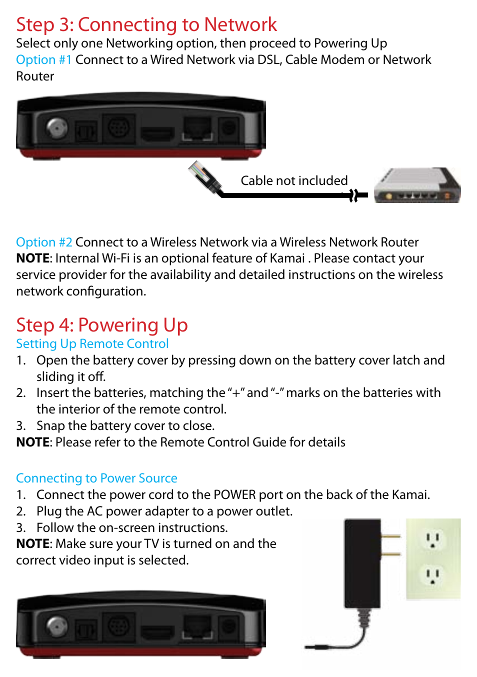 Step 3: connecting to network, Step 4: powering up | Entone Kamai 500 Quick Start User Manual | Page 4 / 8