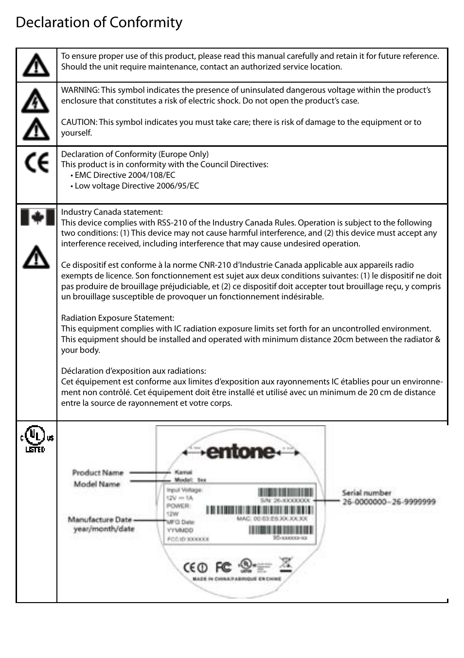 Declaration of conformity | Entone Kamai 500 Quick Start User Manual | Page 7 / 8
