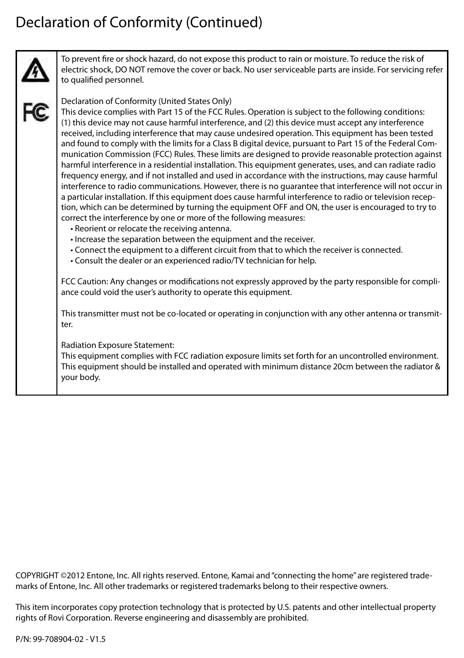 Declaration of conformity (continued) | Entone Kamai 510 Quick Start User Manual | Page 8 / 8