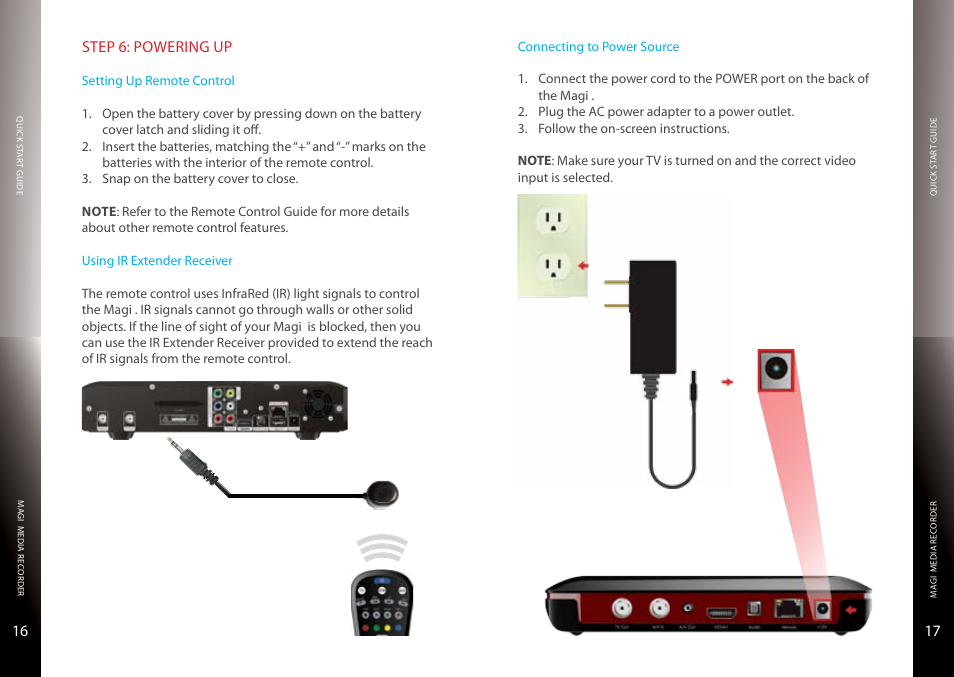 Powering up, Setting up remote control, Using ir extender receiver | Connecting to power source | Entone Magi 450 User Manual | Page 10 / 13