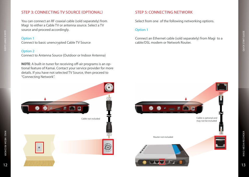 Connecting tv source, Cable or antenna, Connecting network | Ethernet or moca, Step 5: connecting network | Entone Magi 450 User Manual | Page 8 / 13