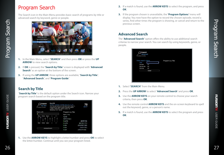 Program search, Search by title, Advanced search | Programs search, Pr ogr am s ear ch pr ogr am s ear ch | Entone FusionTV User Manual | Page 17 / 51