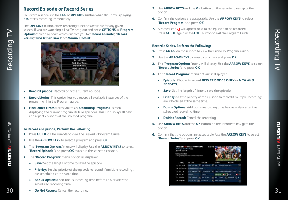 Record episode or record series, Recor ding tv recor ding tv | Entone FusionTV User Manual | Page 19 / 51