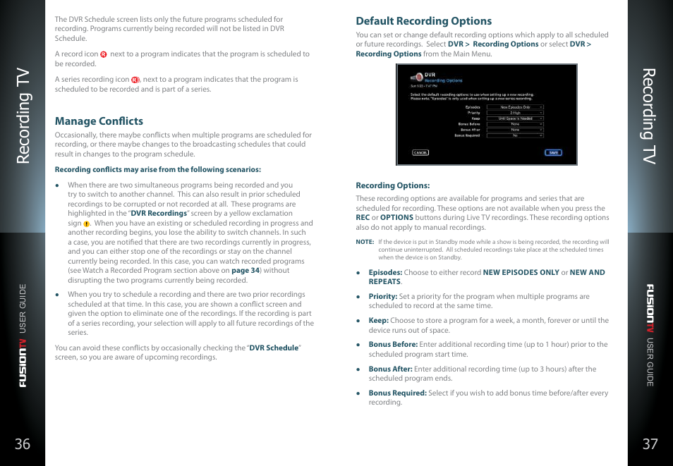 Recor ding tv recor ding tv, Manage conflicts, Default recording options | Entone FusionTV User Manual | Page 22 / 51