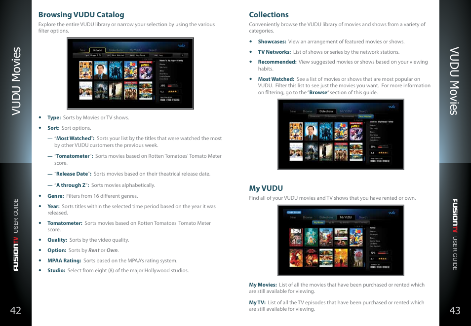 Browsing vudu catalog, Vudu mo vies vudu mo vies, Collections | My vudu | Entone FusionTV User Manual | Page 25 / 51