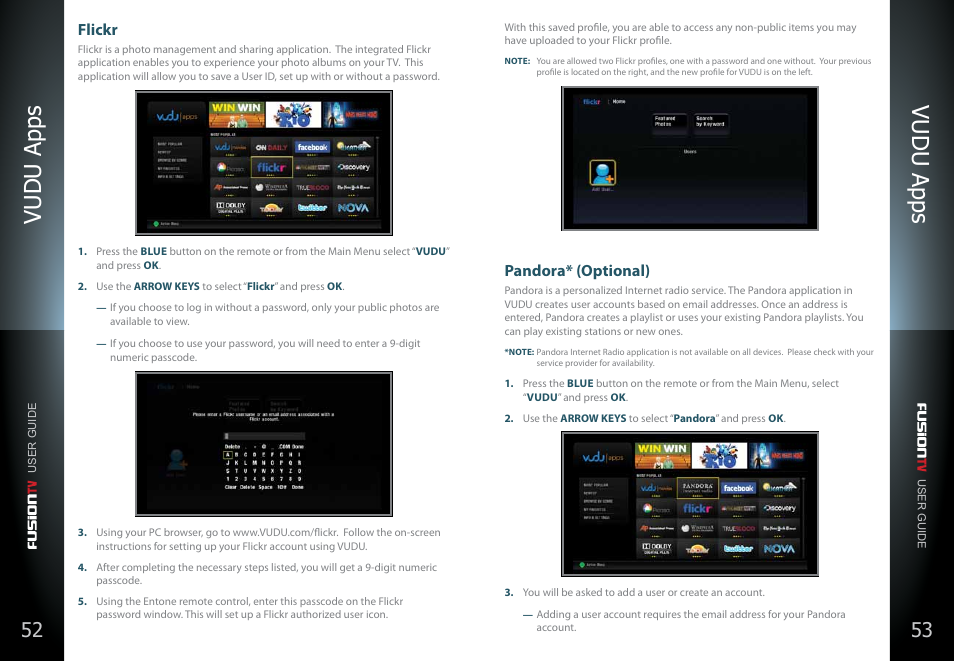 Flickr, Pandora, Vudu apps | Pandora* (optional) | Entone FusionTV User Manual | Page 30 / 51