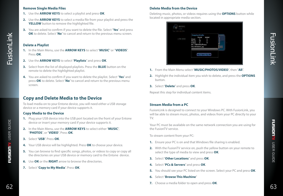 Copying and delete media to the device, Streaming media from a pc, Copying to and deleting media from the device | Fusionlink, Copy and delete media to the device | Entone FusionTV User Manual | Page 35 / 51